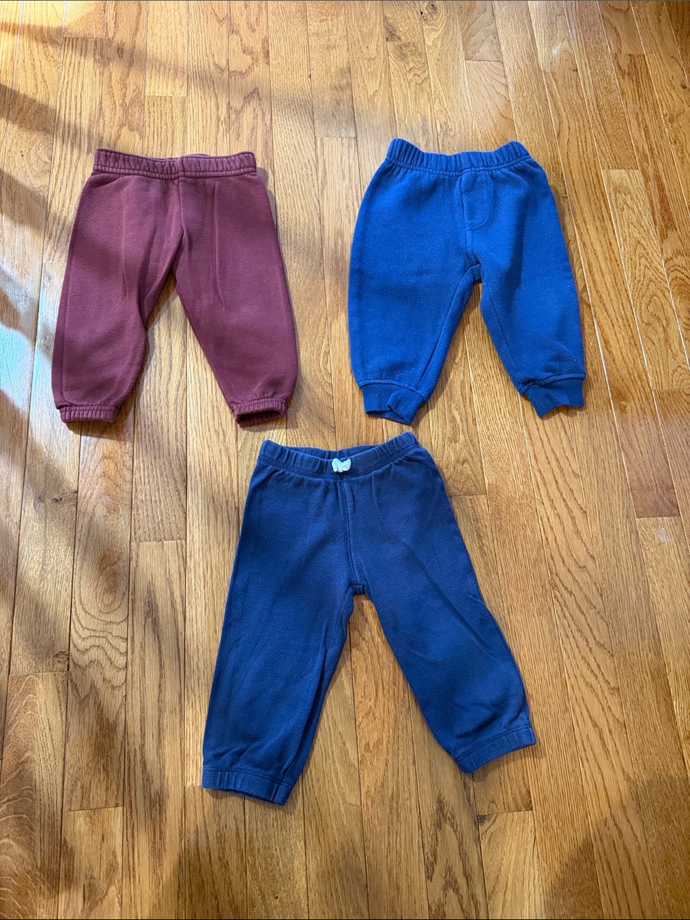 12M - 3 Cozy Fleece Bottoms - Blue, Navy & Maroon
